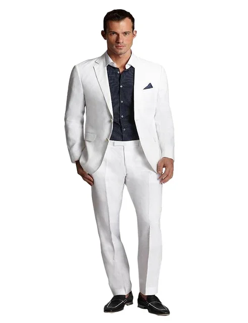 White Men\'s 2 Pieces Two Buttons Suit Slim Fit Classic Formal Wedding Prom Party Groom Tuxedos Notch Lapel Blazer Pants