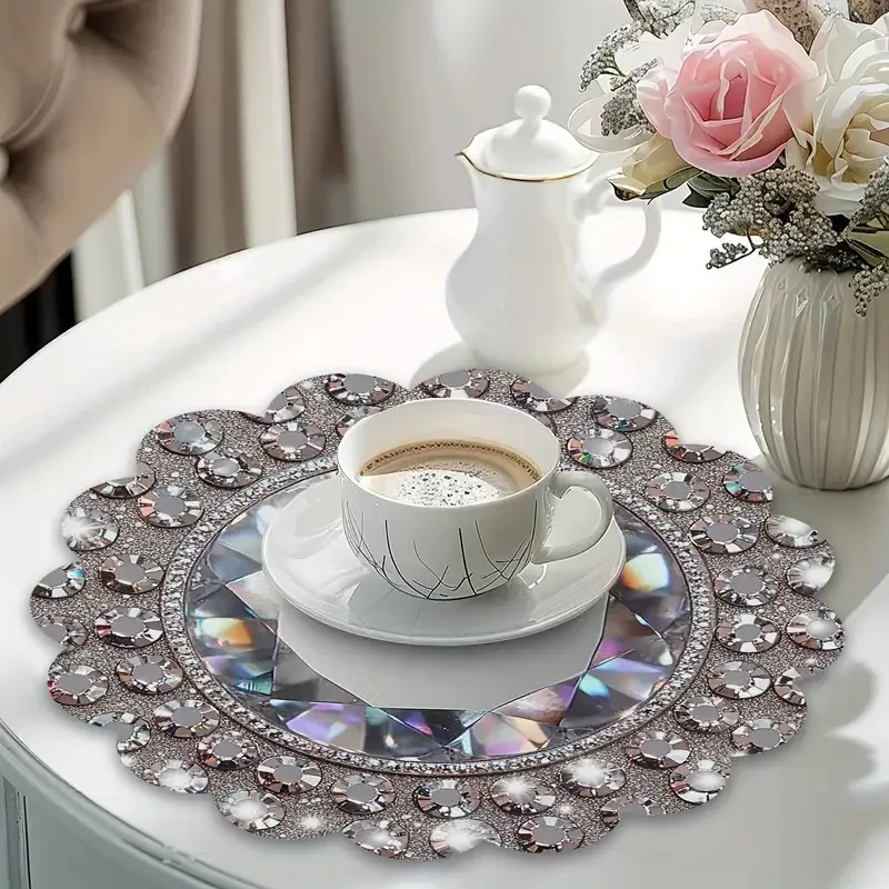 VIKAMA Luxury Silver Rhinestone Round Placemat Mirror Table Mat Waterproof Heat Resistant Plate Pad Wedding Dining Decor