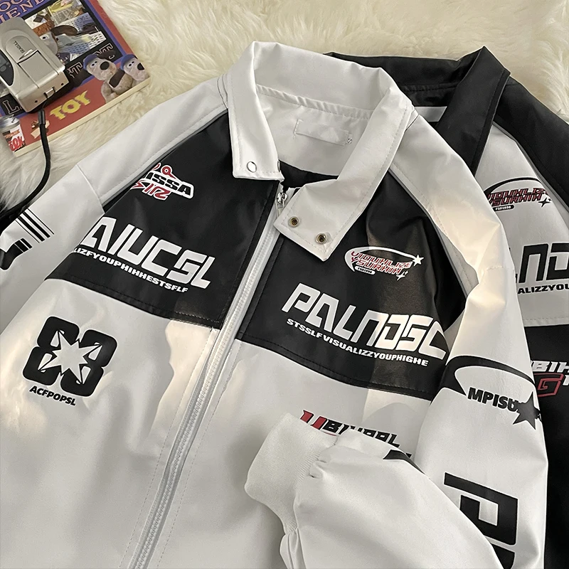 

Cool Street Sle Men's Leather Jaet Racing Baseball Jaet Loose Fit Youth Faion Autumn Long Sve Stand Collar Coat