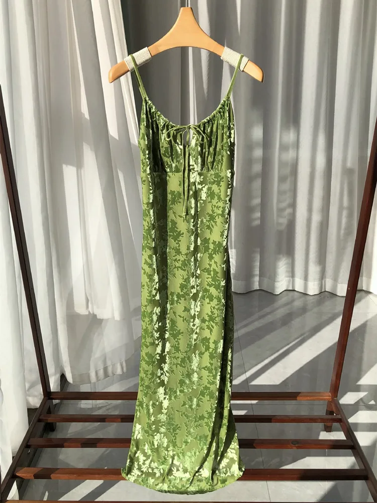 

Velvet Suspender Dress Women Sexy Backless Floral Drawstring Slit Zipper Ladies Green Mid-Calf Slip Robe Summer 2024