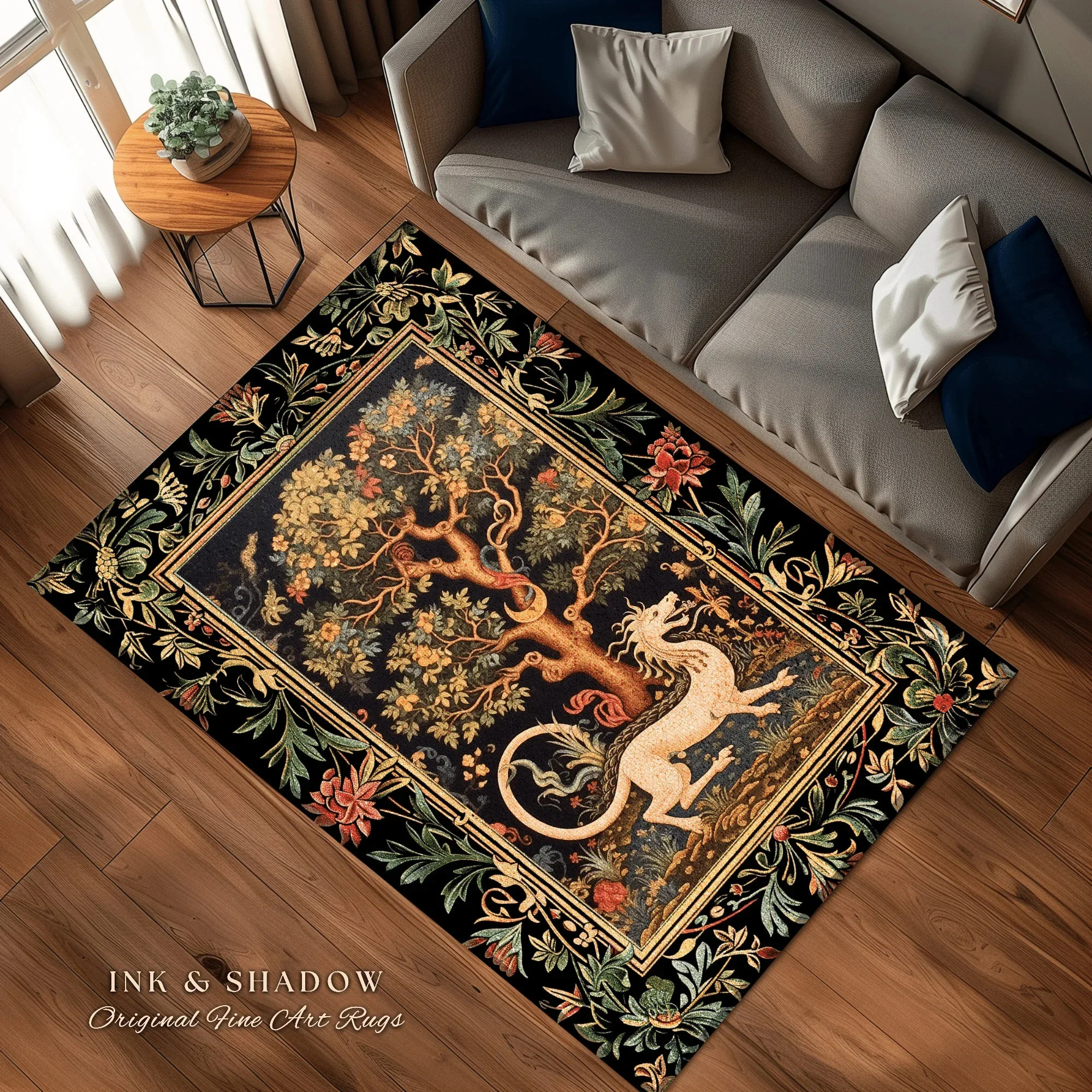 medieval-dragon-rug-nordic-home-decor-morris-style-bedroom-aesthetic-maximalist-gift-for-goths-woodland-cottagecore-dragon-art