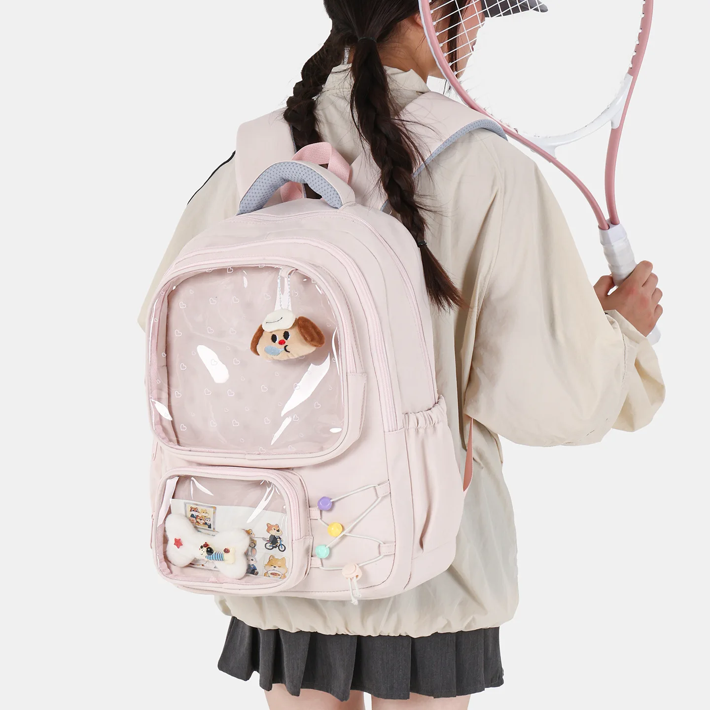 Kawaii Double Clear Pocket Ita Backpack Cute Transparent Window Pin Display Backpack Large Capacity Student School Bag