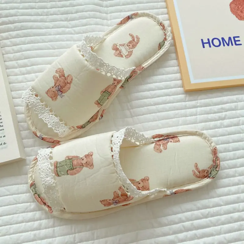 Summer New Retro Pastoral Small Floral Lace Fish Mouth Slippers Women\'s Indoor Non-Slip Waterproof Bottom Home Open Toe Shoes