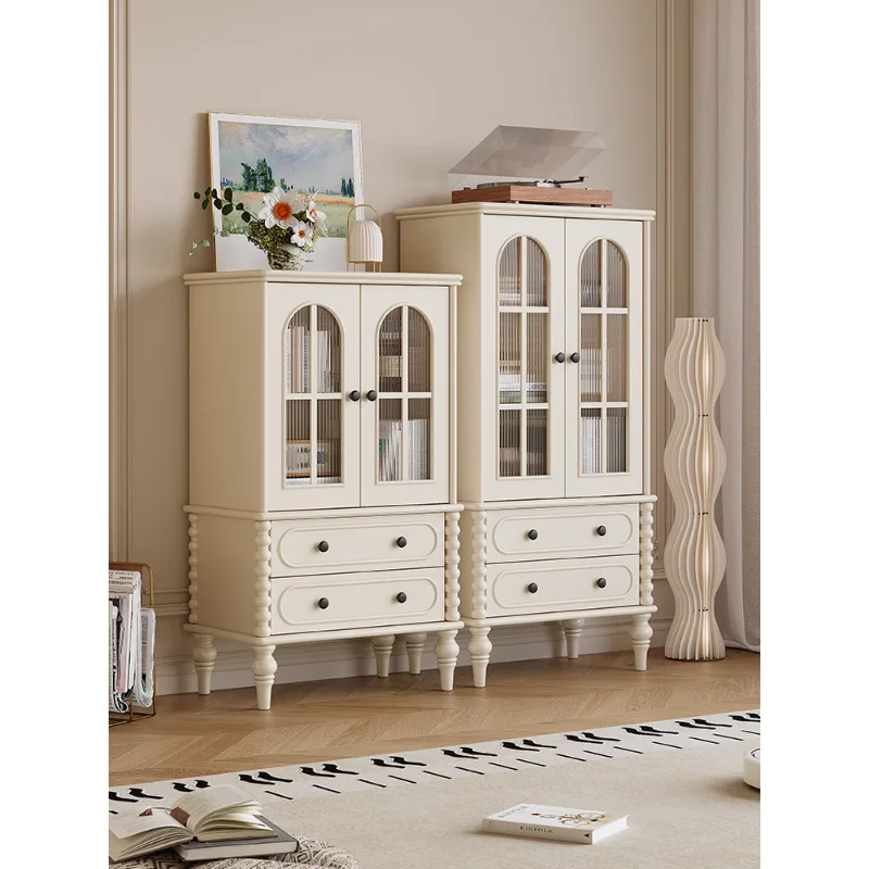 

French cream wind solid wood high and low cabinet combination household white storage locker living room wall wine cabinet displ
