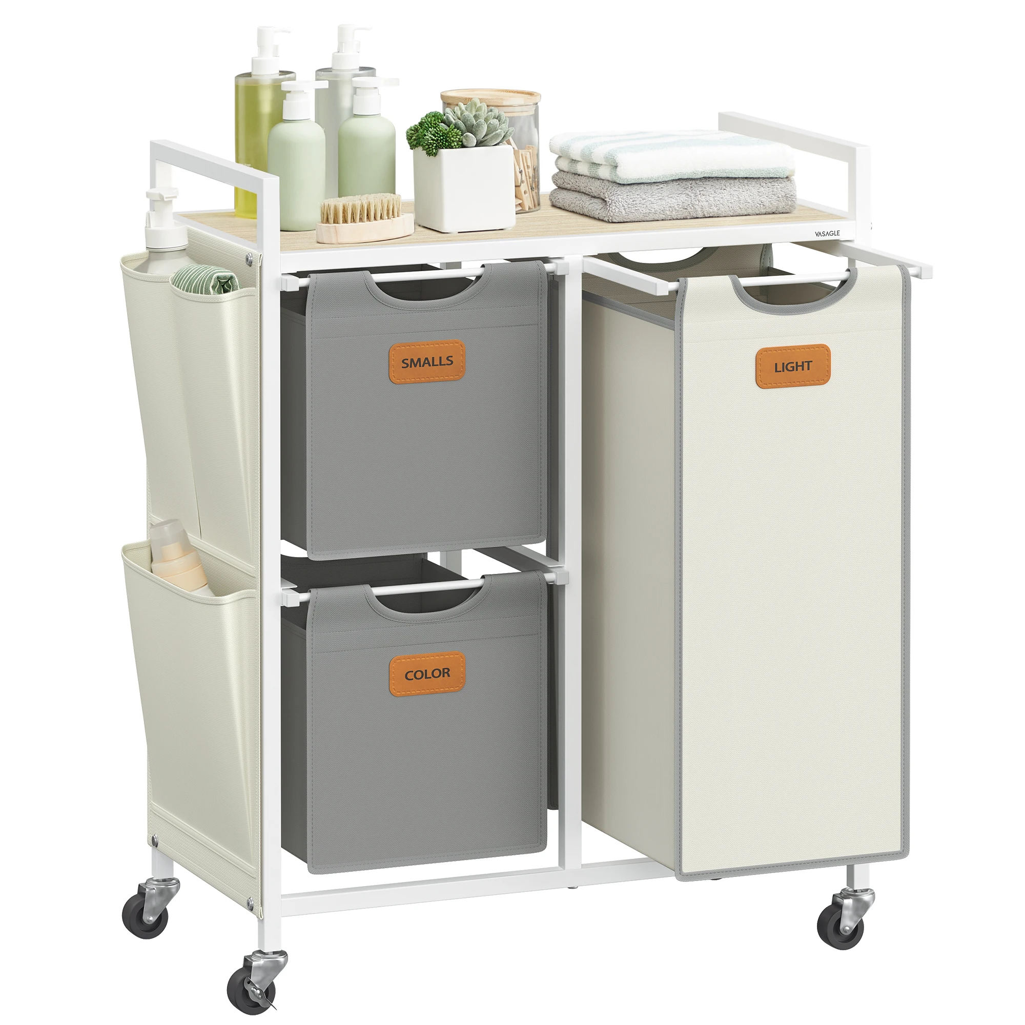 

Laundry cart with shelf label, laundry basket, laundry basket with small side pocket