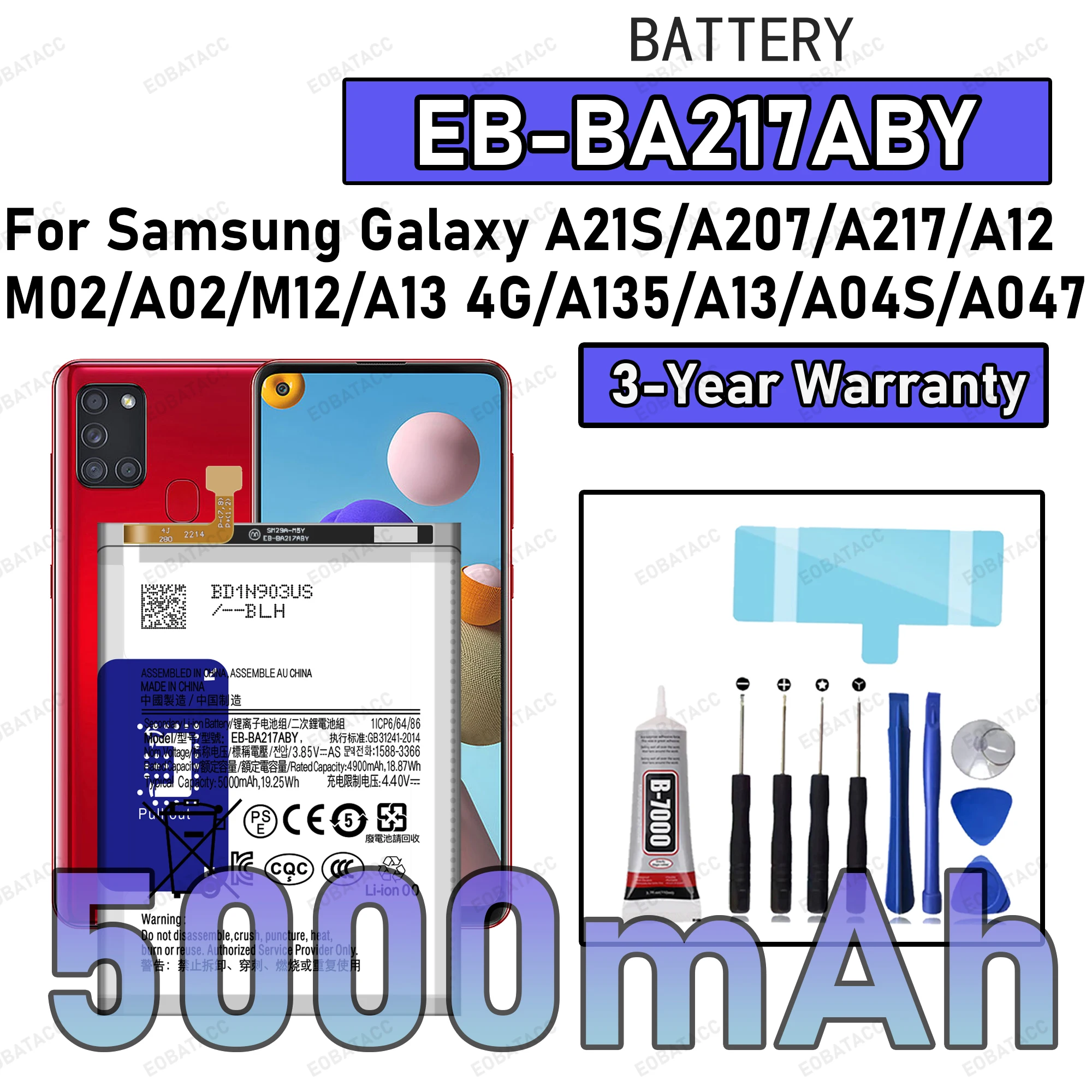 100% New Zero Cycle EB-BA217ABY Battery For Samsung Galaxy A21S/A12/M02/A02/M12/A13 4G/A13/A04S/A047 Replacement Batteria Batter