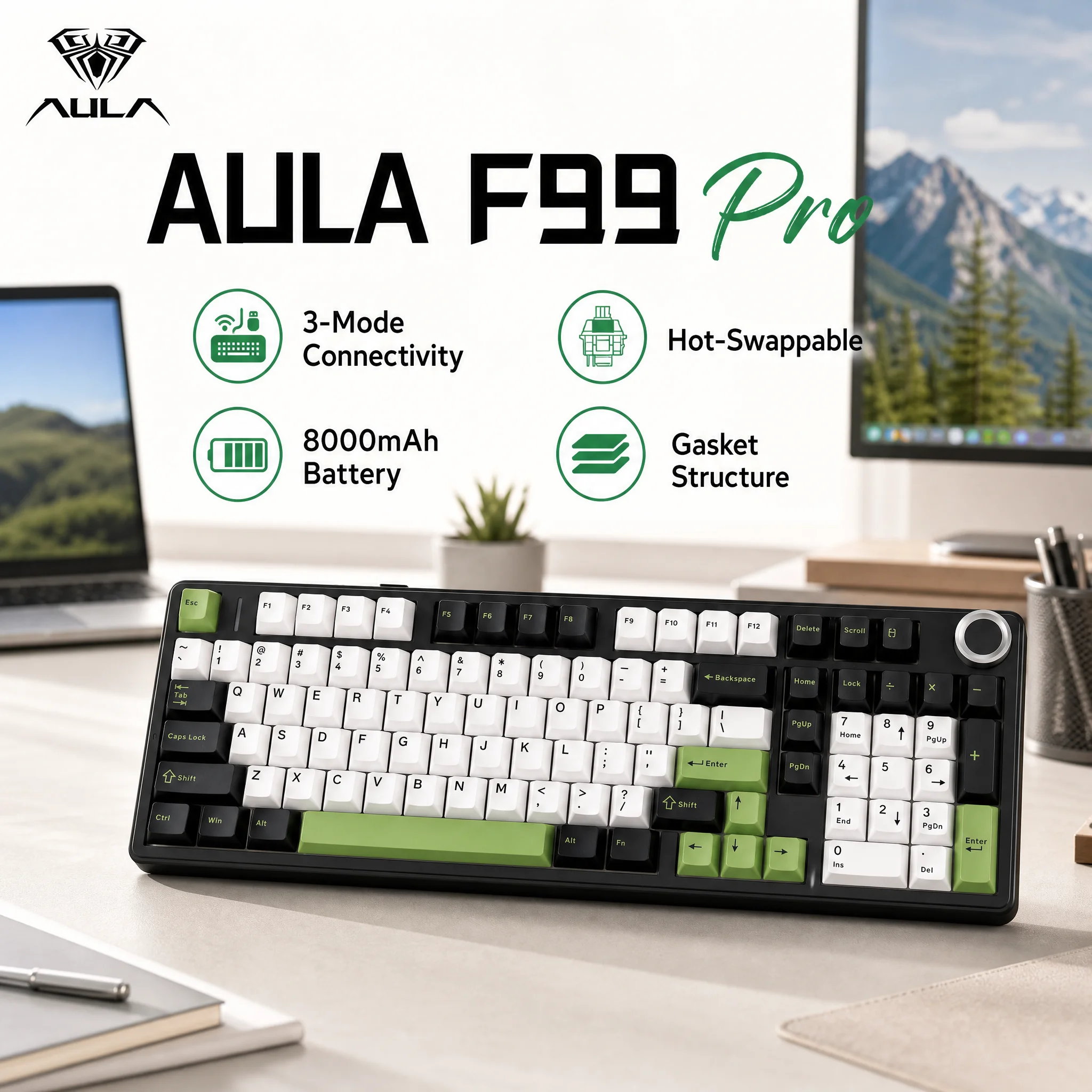 AULA F99 Pro 96% Wireless Mechanical Keyboard with Knob, Full Numpad 8000mAh, Gasket Hot-Swap, Creamy Pre-lubed Linear, RGB