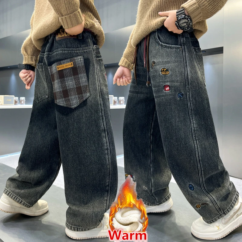 

Children Classic Warm Corduroy Insulated Jeans For Kids Boy Retro Dark Blue Winter Thickened Denim Pants With Plaid Pocket 5-14Y