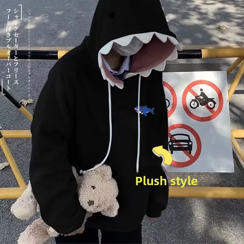 سويت شيرت عصري متطابق مع رأس القرش فضفاض للطالبات، هوديي مطبوع كاجوال، نمط ملابس الشارع المريح من البر الرئيسى للصين