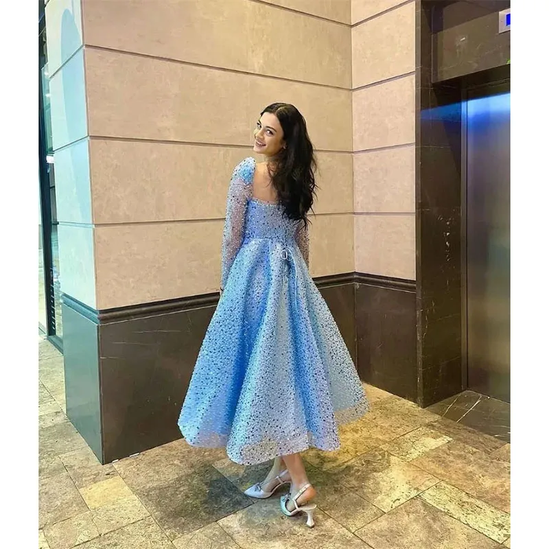 Ocean Blue A Line Evening Dresses Glitter Sequined Prom Gowns 3/4 Sleeves Ankle Length Party gowns Lace-Up Club Banquet Dress