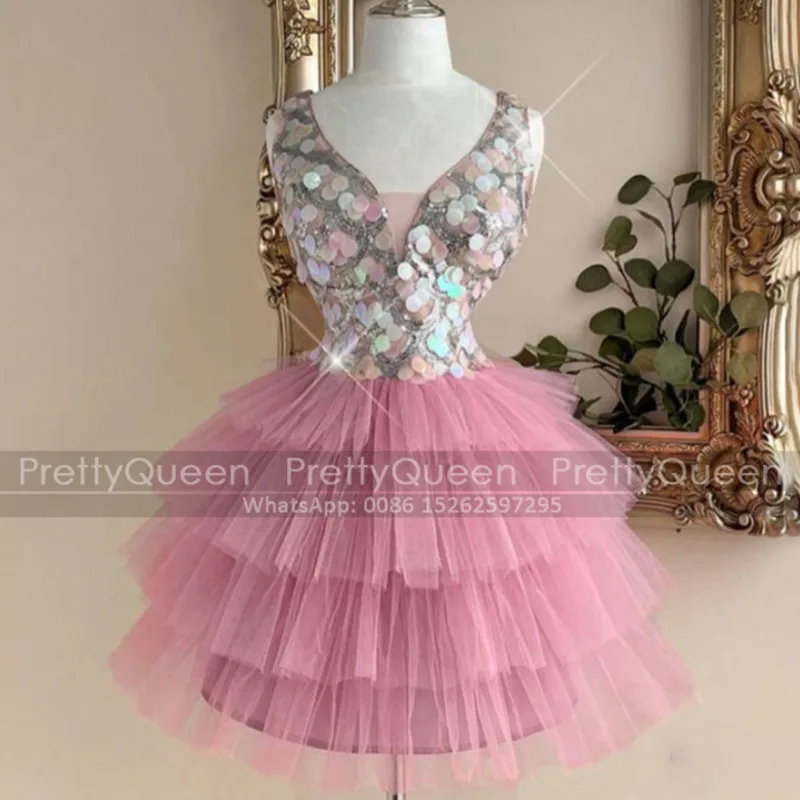 

Bling Sequined Bridesmaid Dresses Short Tiered A Line Customized V Neck Mini Wedding Party Dress Birthday Party For Women