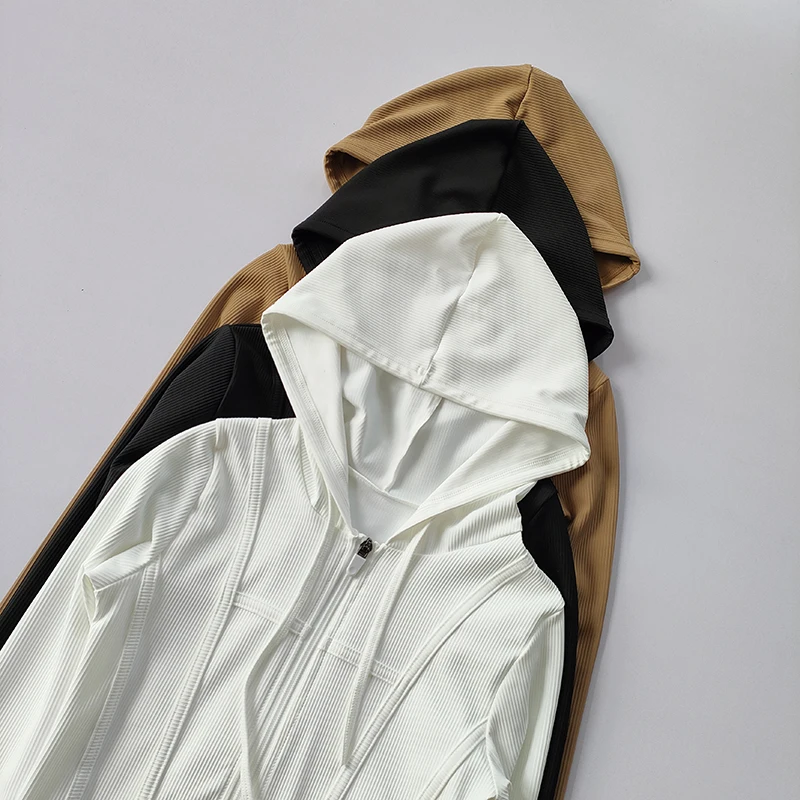 Fitnessjacke für Damen, Kapuzen-Cardigan, Herbst und Winter, eng anliegend, schnelltrocknend, Sport-Lauf-Trainings-Slim-Yoga-Kleid, Langarm – Detail 2