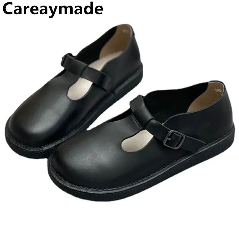 Careaymade-Genuine leather women shoes spring retro round head plain casual flat rubber bottom belt buckle women\'s single shoes