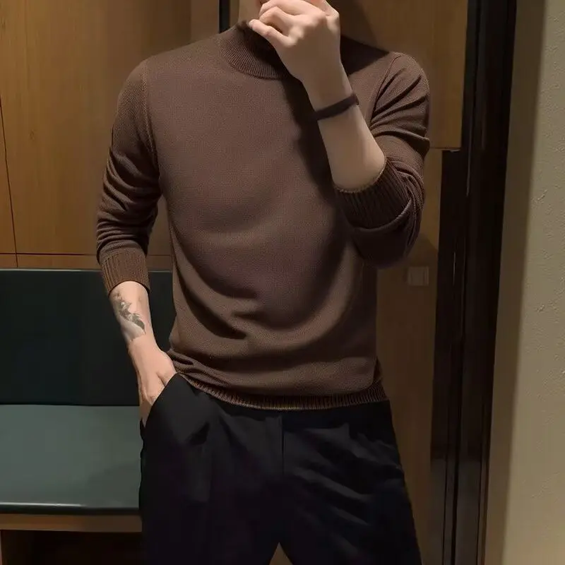 سترة Thiened Long Sve Base irt للرجال متوسطة الياقة العالية بلون نقي ملابس الخريف الدافئة سترة محبوكة من البوليستر الناعم #3