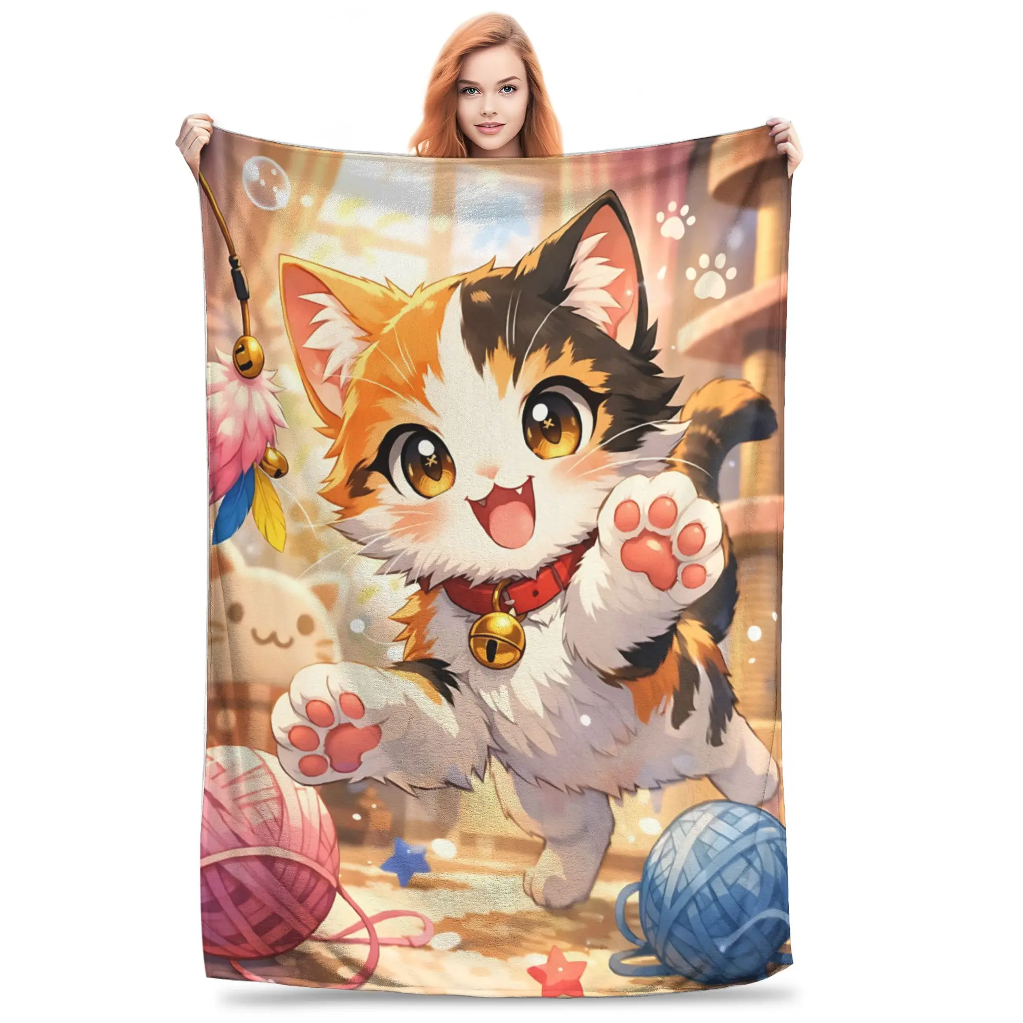 1PC Home Cute Cat Kawaii Blanket Throw Blanket  Novelty Warm Blanket All Season Gift for Happy Halloween Give Thanks