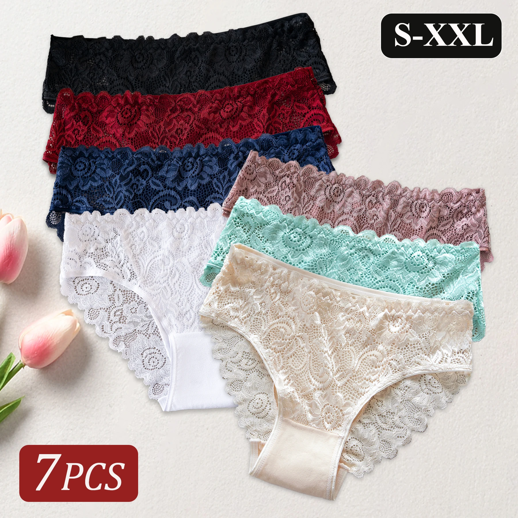 7 Uds. Ropa interior elegante de encaje Floral, bragas de algodón cómodas de Color sólido, bragas sexis, lencería femenina madura que cambia todos los días