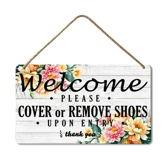 SRongmao Take Off Shoes Sign Remove or Cover Shoes Sign 8x12inch Wooden Wall Decor Wood Plaque Rustic Farmhouse Home Decor for W