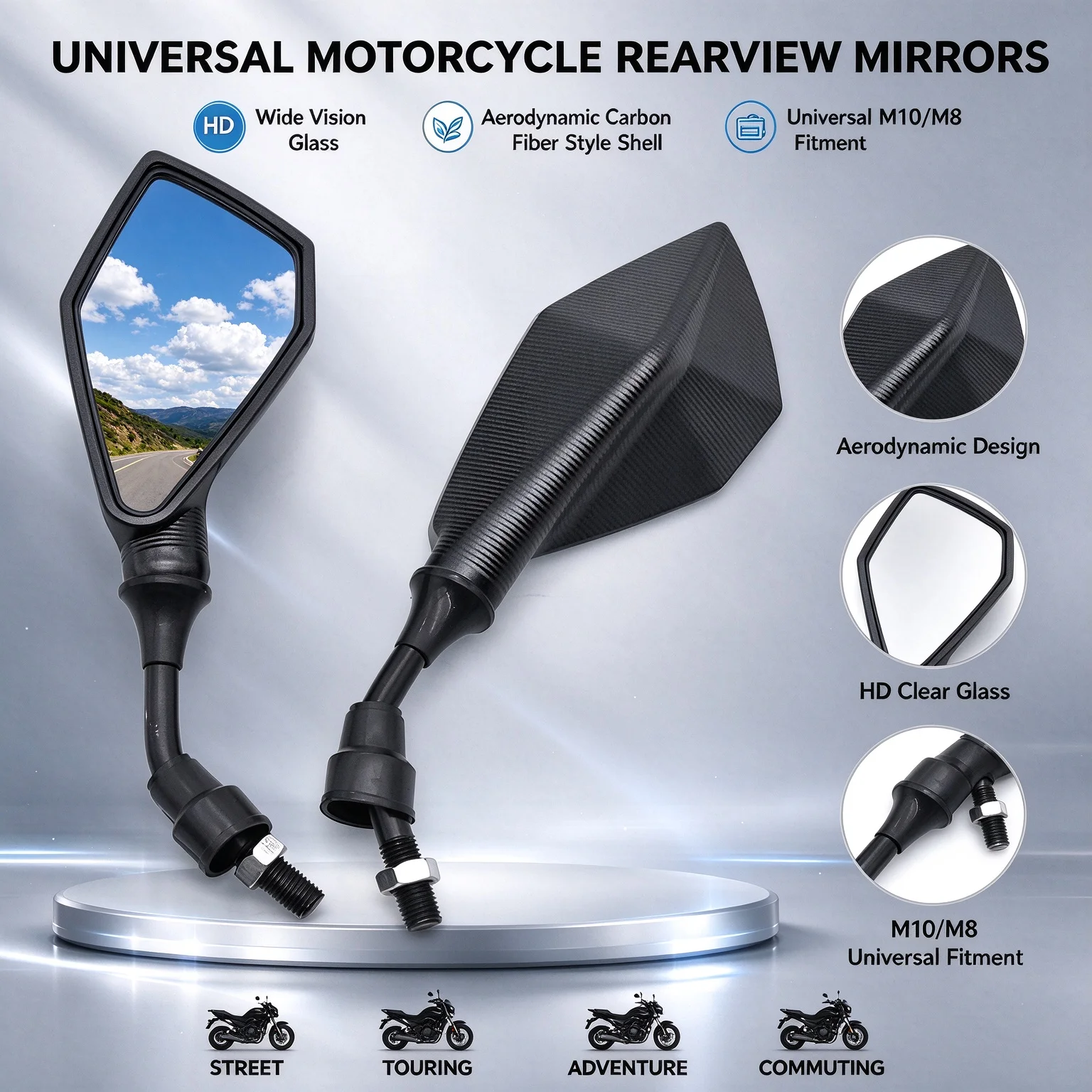 10mm Mirrors Bicycle Handlebar Motorcycle Adjustable Rearview Angle Wide Side Flexible Scooter E-Bike Reversing Auxiliary Mirror