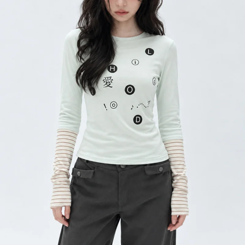 Y2K Women Fake 2 in 1 Long Sleeve Tee Round Neck Graphic Symbol Print Striped Ruched Cuff Slim Casual Daily Streetwear Top