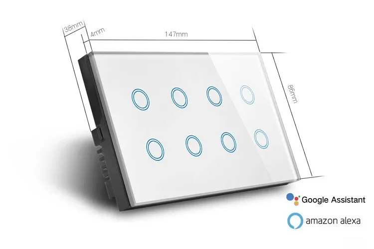 Alexa Compatible US UK Standard Tuya Smart Life Wifi Smart Switch Light 8 Gang On/ Off Touch Wall Switch OEM Wifi Power Switch