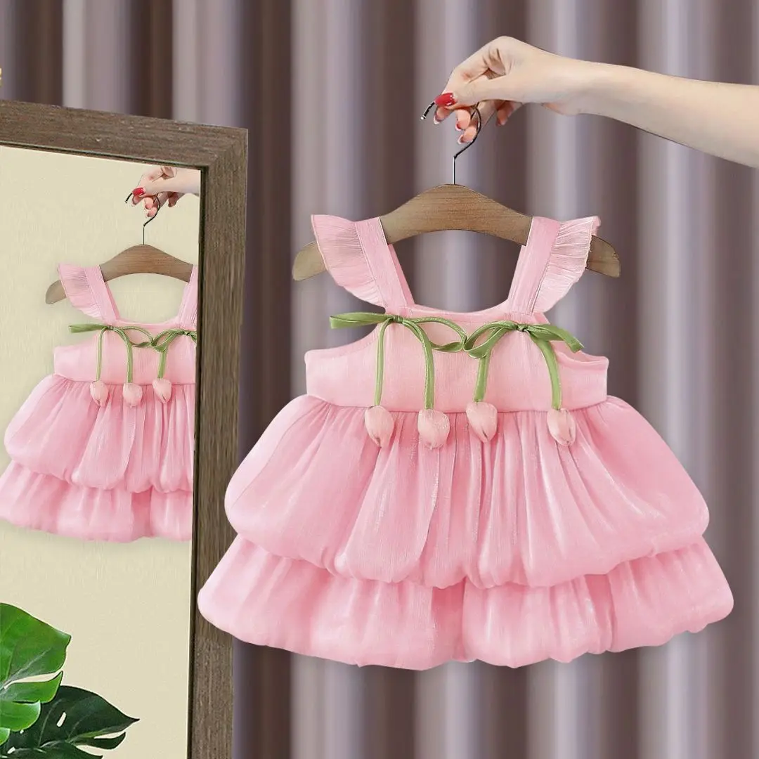 

Baby Girl's Birthday Party Cake SkirtSummer New Four Little Flower Bud Suspender Dress With Flying Sleeves Fashionable And Cute