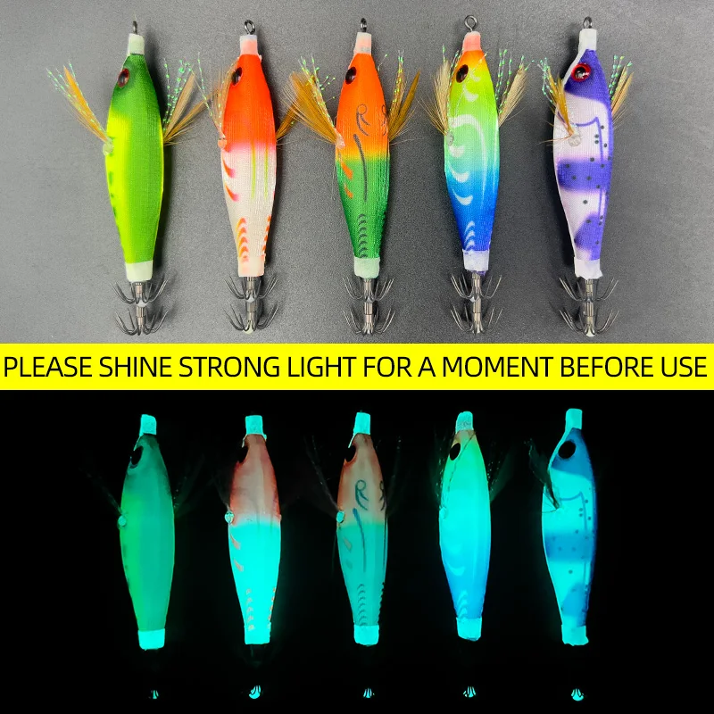 ShareShark 5pcs/box Cloth-Wrapped Shrimp Lure 8cm Luminous Wooden Shrimp Squid Hook Octopus Bait Lure Fish Bait Set
