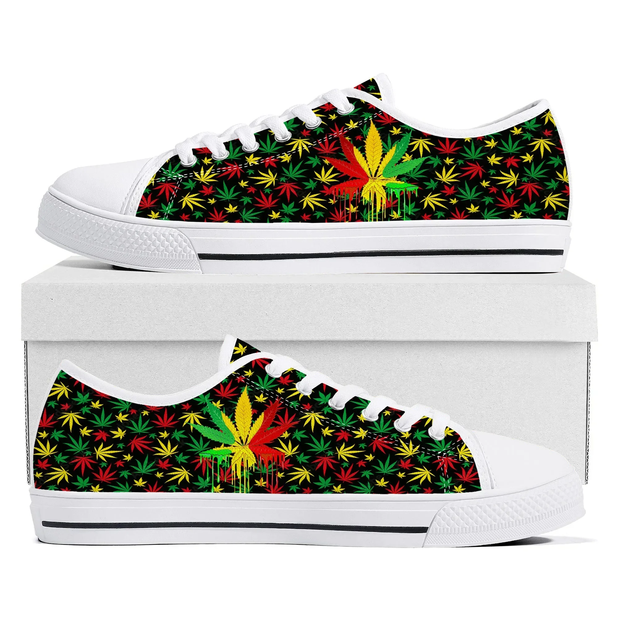 Leaf Weed Rasta Marijuana Red Yellow Green Art Low Top High Quality Sneakers Canvas Sneaker Casual Couple Shoes Custom Shoe view 3