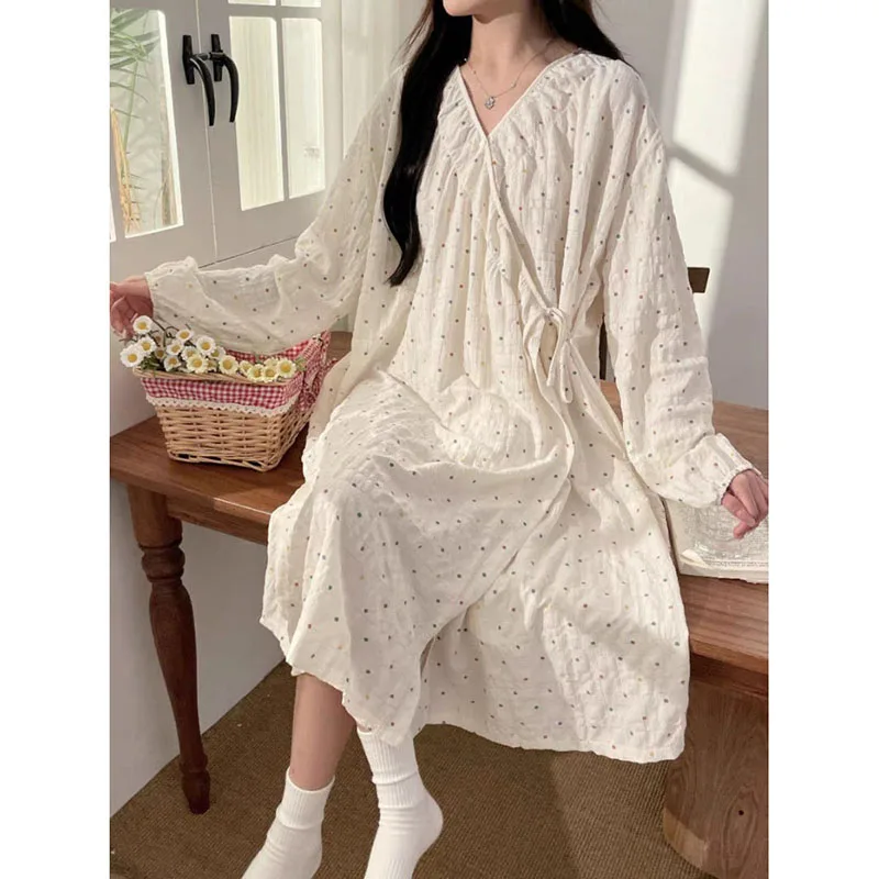 

Polka Dot One Piece Pajamas Women's Autumn Thin Lace-up Kimono Nightgown Long Sleeve Loose Home Wear Loungewear Night Dress