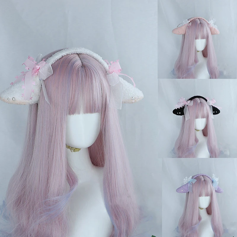 Women Sheep Ear Headbands Lolita Anime Headpiece Cartoon Lamb Halloween Party Headwear Plush Hair Accessories Girls Gifts