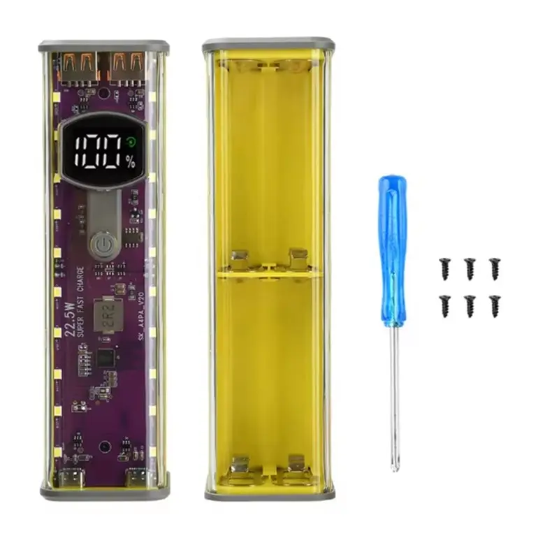 B68C Solder-Free Transparent 8X18650 Battery Case 22.5W Power Bank Housing Supports Dual Type-C Ports Low-Current Mode Yellow