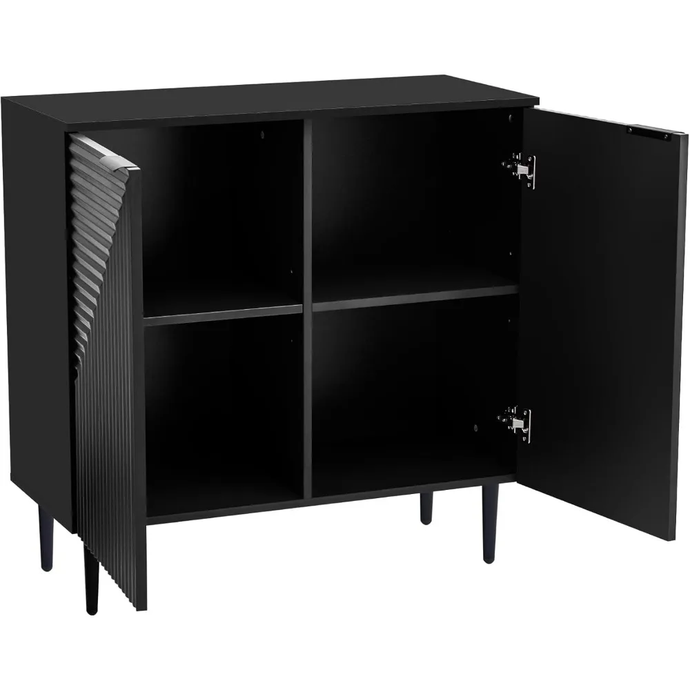 خزانة جانبية للتخزين مع أرفف قابلة للتعديل ونمط باب هندسي، وطاولة وحدة تحكم أرضية خشبية لغرف المعيشة