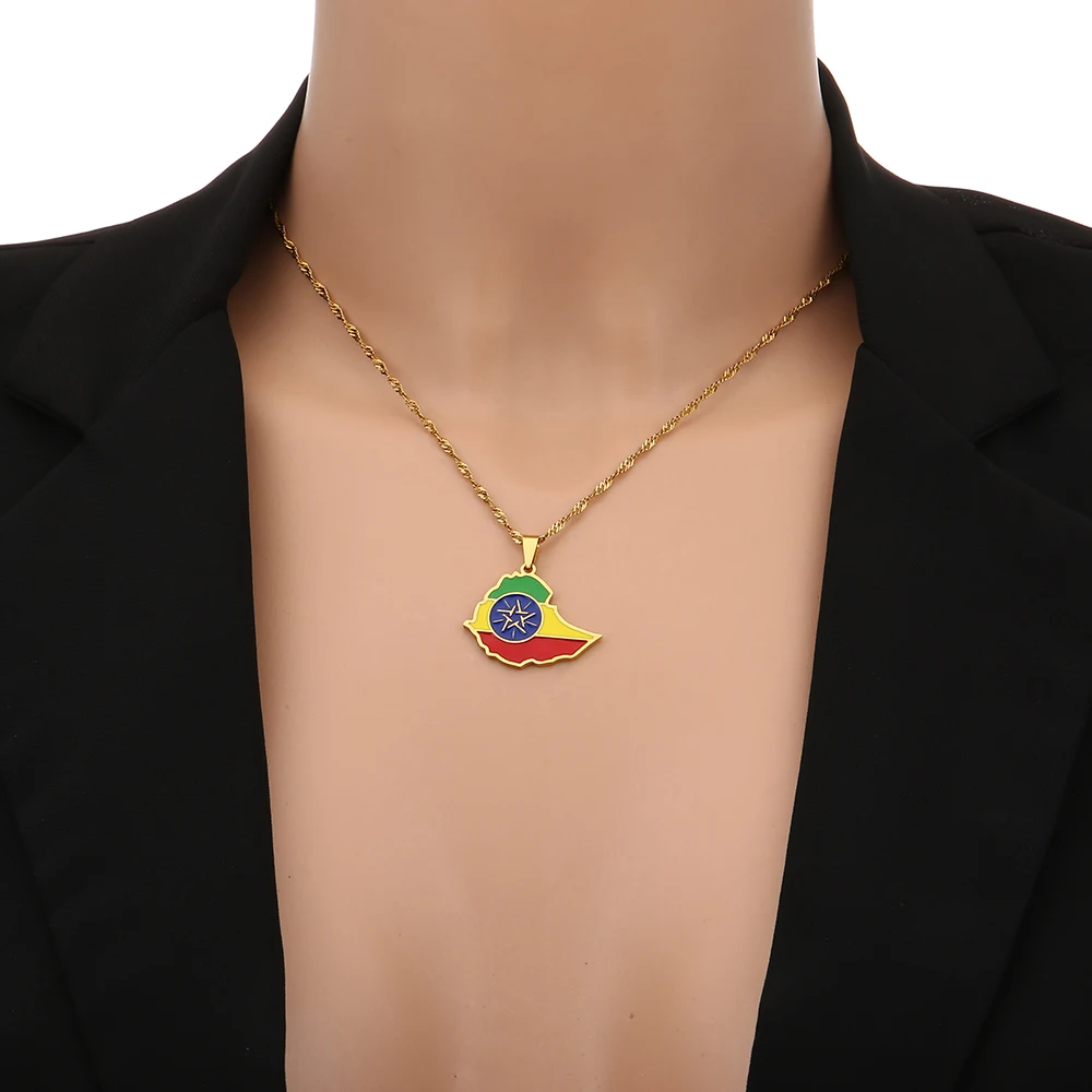 Afrikanische Äthiopien Karte Flagge Anhänger Halskette Edelstahl Mode Männer Frauen Karten Schmuck Geschenk – Detail 6