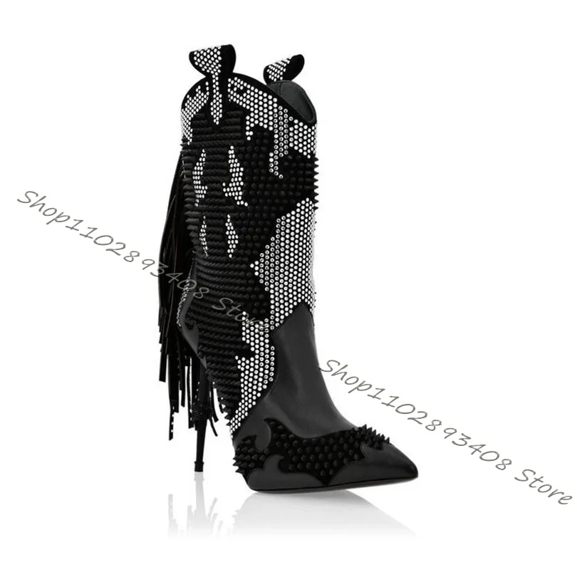 Black Tassel Style Rhinestone Boots Rivet  Decor Pointed Toe Stiletto Strange Style Boots Women Autumn Shoes Zapatos Para Mujere