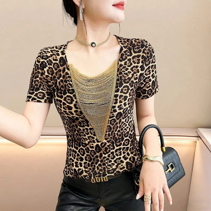 Leopard Print Mesh Blouse Women, Slim Fit Short Sleeve Pullover, Cowl Neck Gold Chain Top, Summer Korean Office Dance Shirt
