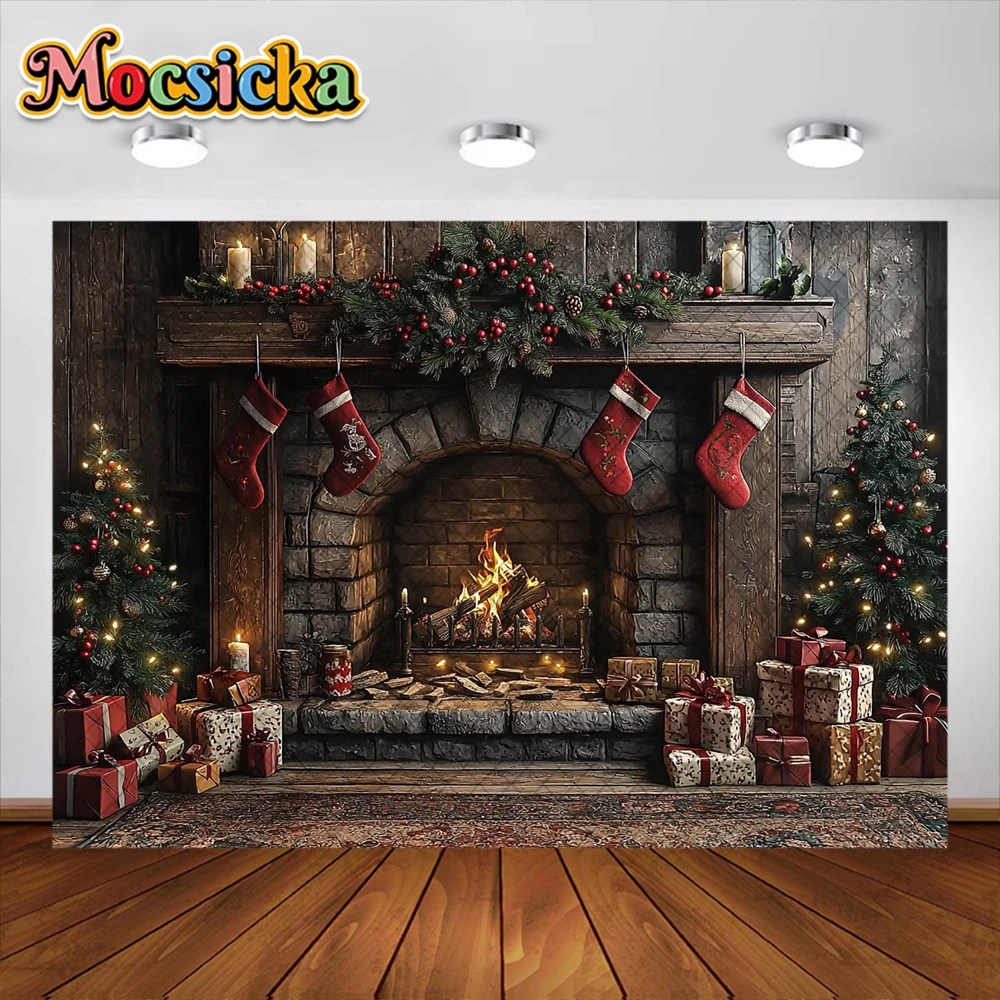 Fond de photographie de chambre de Noël, arbre de Noël, cheminée, décoration de guirxiété, adultes, enfants, portrait de vacances, décors photo, studio