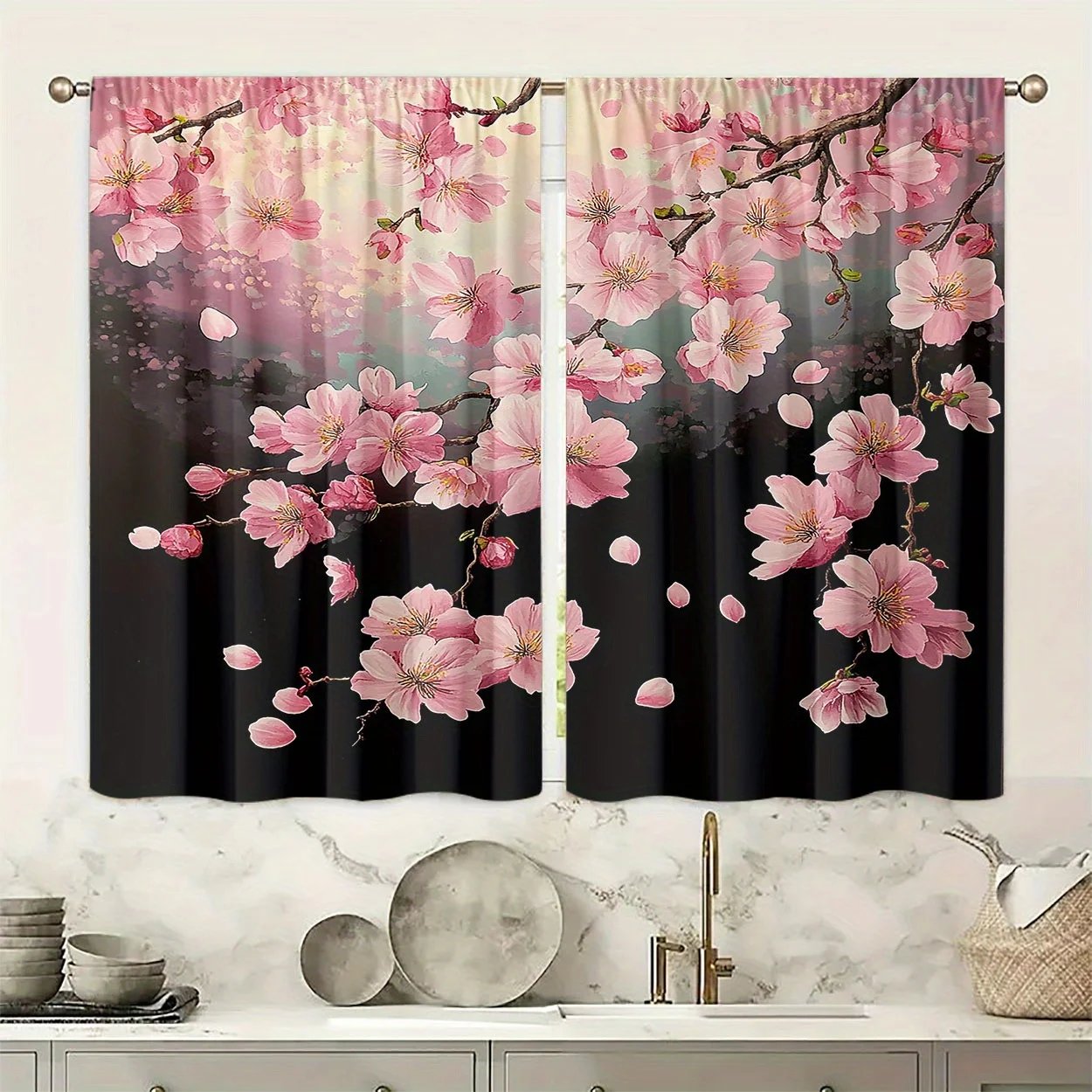 2-Pc Polyester Peach Blossom and Red Rose Curtains H-D Digital Print Rod Pocket Design Window Drapes for Bedroom Living Room