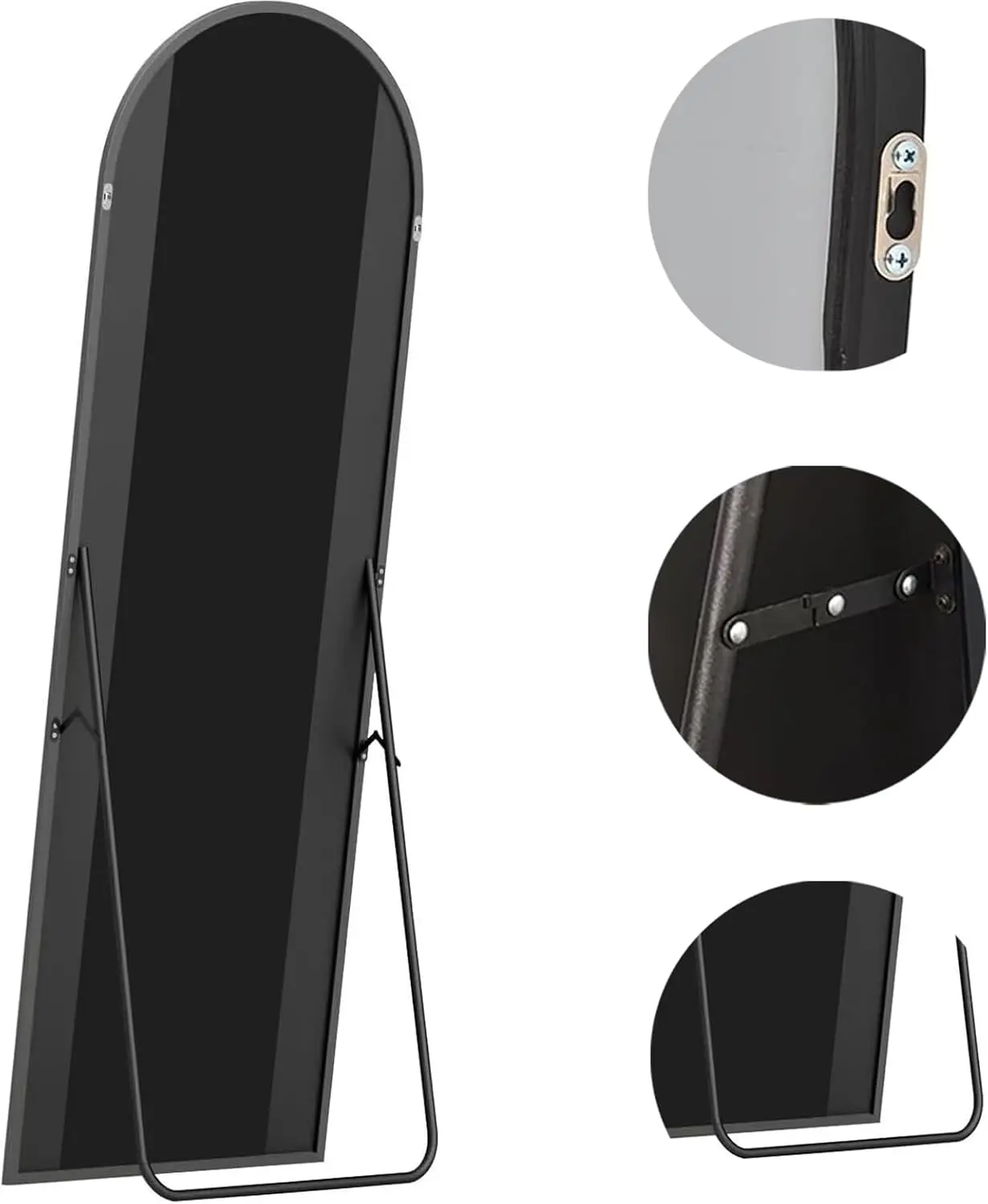 Espelho de chão autônomo de comprimento total arqueado, 64 x 21 polegadas, moldura preta, decoração elegante para casa