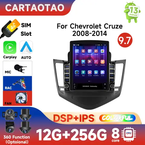 2din Android Auto CarPlay 4G SIM For Chevrolet Cruze J300 2008-2014 Car radio multimedia player for Tesla vertical screen 2 din