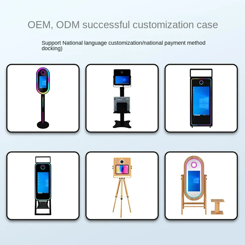 Selfie photo booth built-in camera printer compatible with interactive touchscreen metal