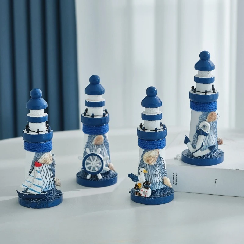 13cm Ocean Wooden Mini Lighthouse Ornament, Mediterranean Style Nautical Craft, Desk Table Decoration, Seaside Souvenir Gift