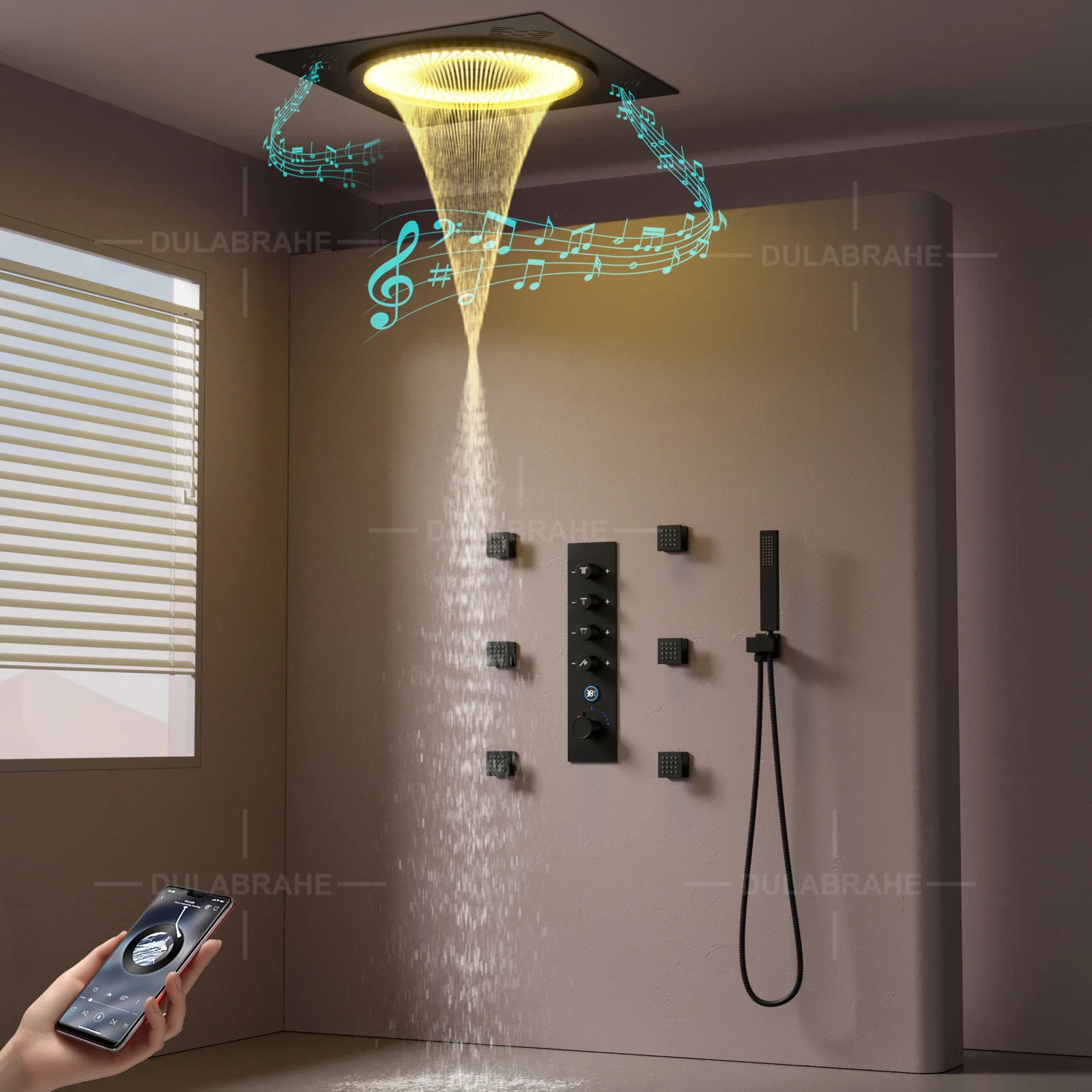 Ceiling Music Led Shower System 20 Inch Rain Shower Head Thermostatic Digital Display Bathroom Shower Faucet Set