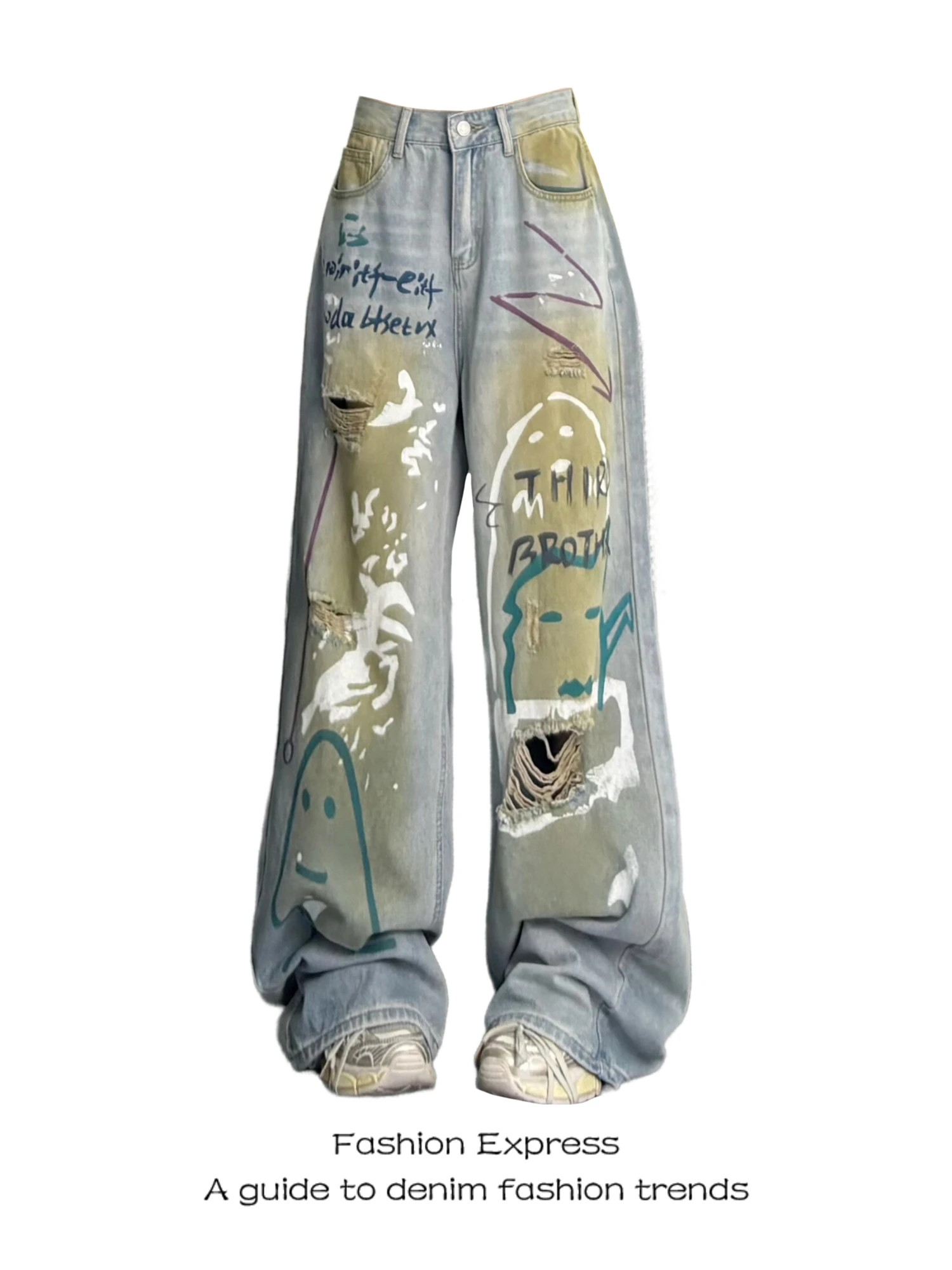 Women's High Waist Wide Leg Light Blue Jeans Graffiti Print Distressed Ripped Vintage Washed Y2K Streetwear Denim Trousers