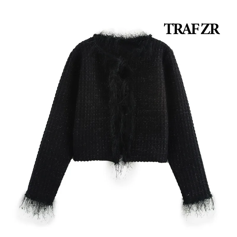 TRAF ZR Knit Cardigan Women's Autumn Sweater Tassel O-neck Black Cropped Cardigan Y2k Vintage Top Long Sleeve Cardigans