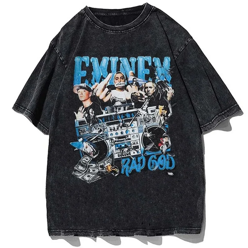 Eminem Print Tshirt Hip Hop Washed T Shirt Men Harajuku Y2k Clothes Black T-shirt Cotton Oversized Summer Short Sleeve Tees BOM