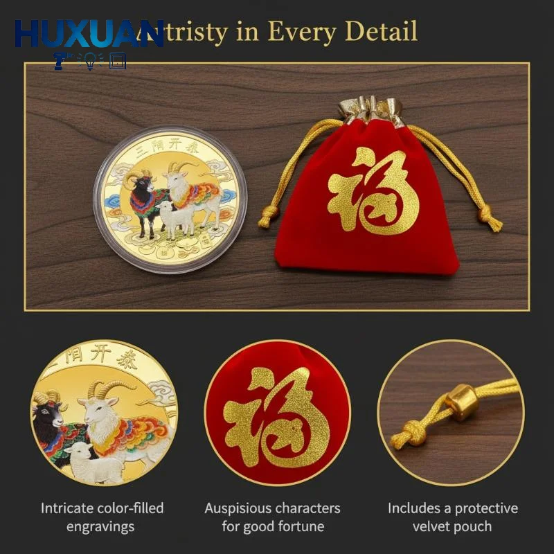 1Pcs Gold Plated Chinese Zodiac Goat  Acrylic Case Red Pouch For Collection New Year Gifts