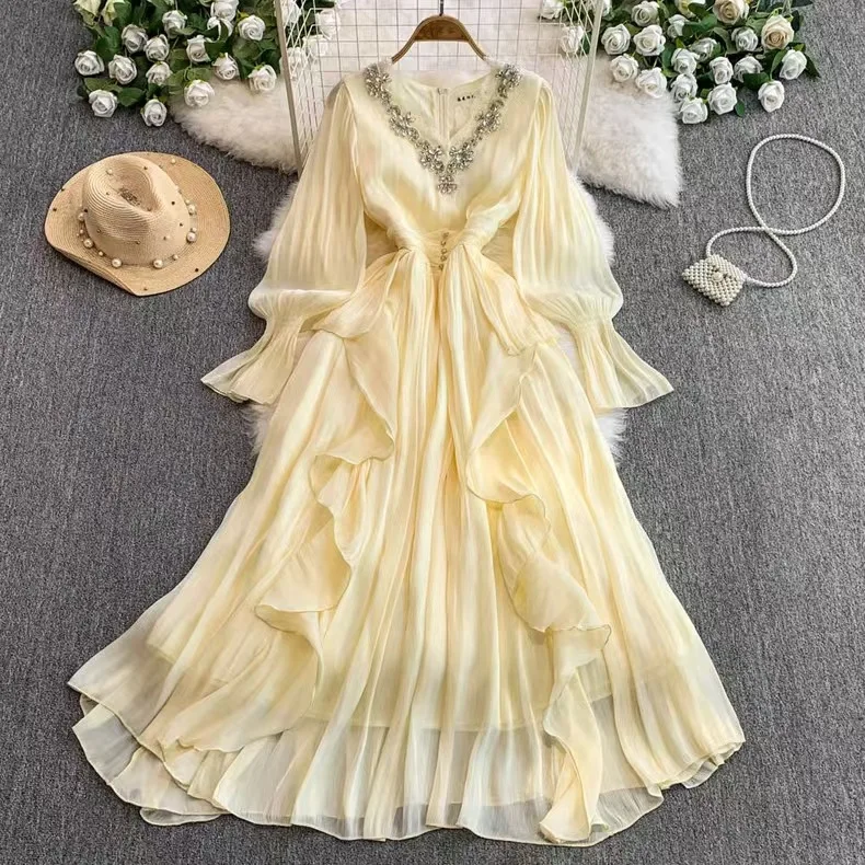 UNI Frühling Kristall Lose Volle Hülse Maxi Plissee Chiffon Kleid Für Frauen Elegante Prom Abend Party Lange Kleider Dame 2023