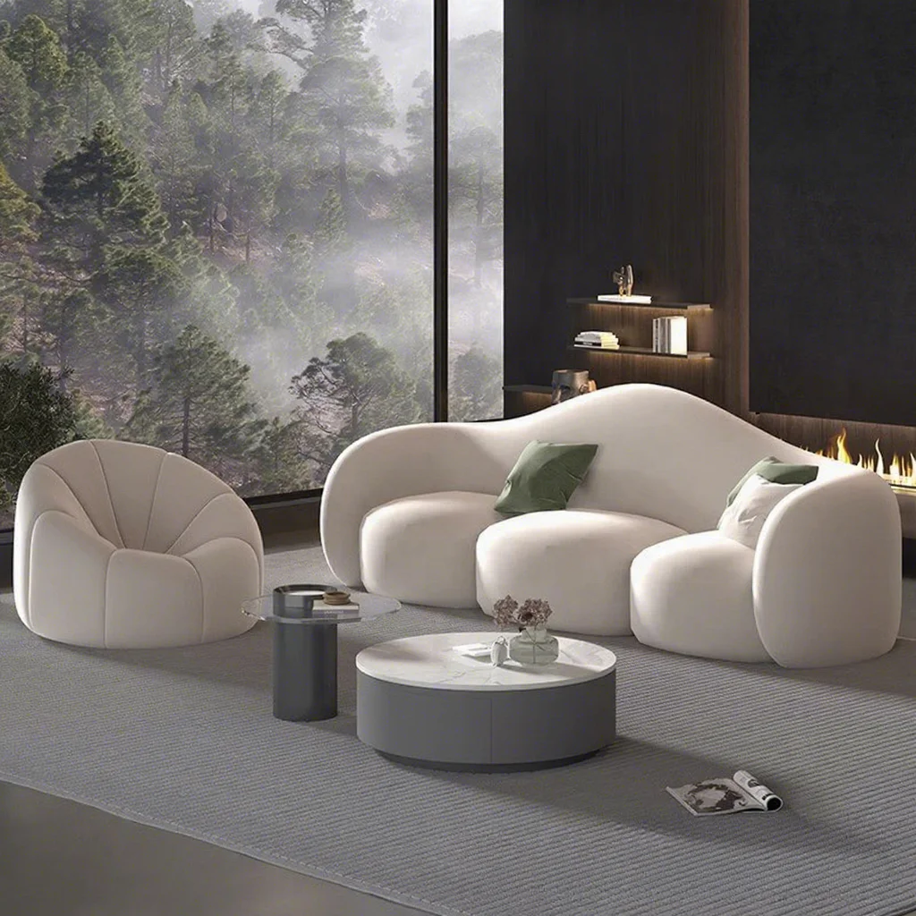 #Nordic Beauty Salon Reception Living Room Flannel Three Seat Sofa Creative Internet-Famous Curved Design Removable Washable