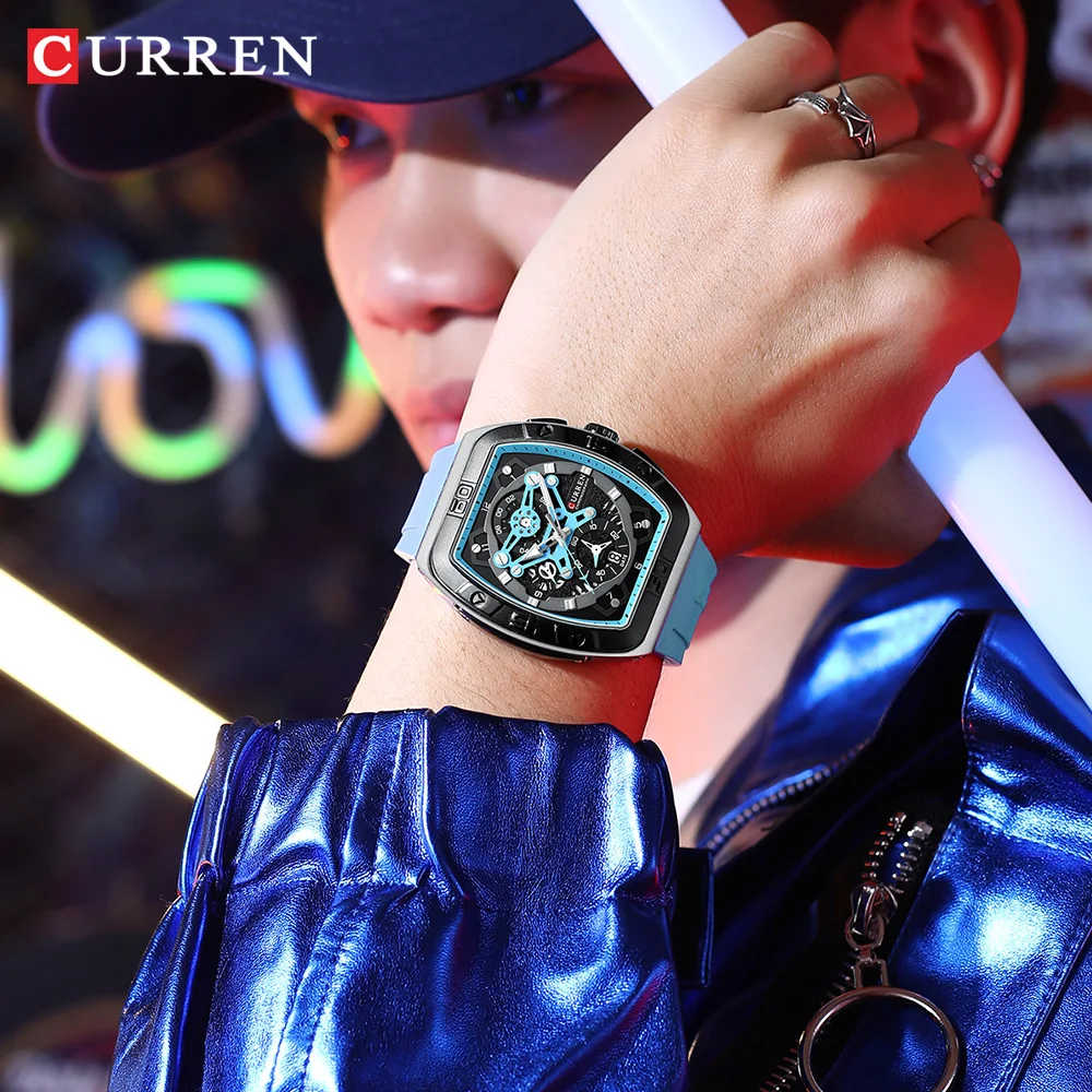 CURREN Creative Fashion Multifunctional Rectangle Quartz Watches New Casual Silicone Strap Men\'s Wristwatches