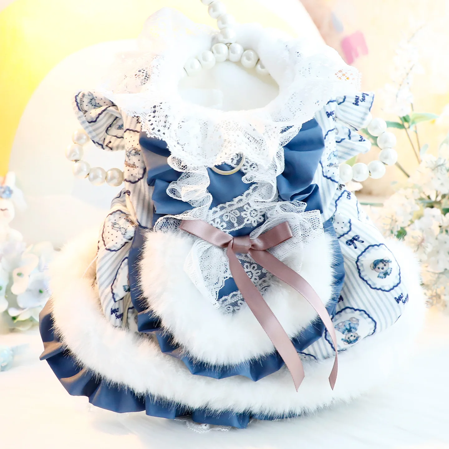 Thick Blue Lolita Princess Dog Dress Fall Winter Warm Pet Costume Outfit For Small Breed Puppy Dogs