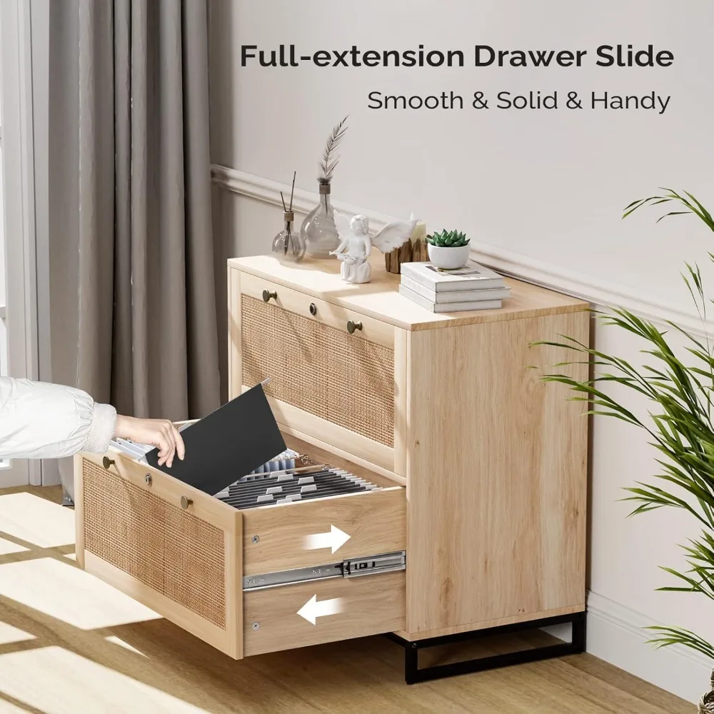 خزانة ملفات جانبية من الروطان ذات درجين قابلة للقفل للمكتب المنزلي، خزانة ملفات بمقابض معدنية ريفية مع حل تخزين